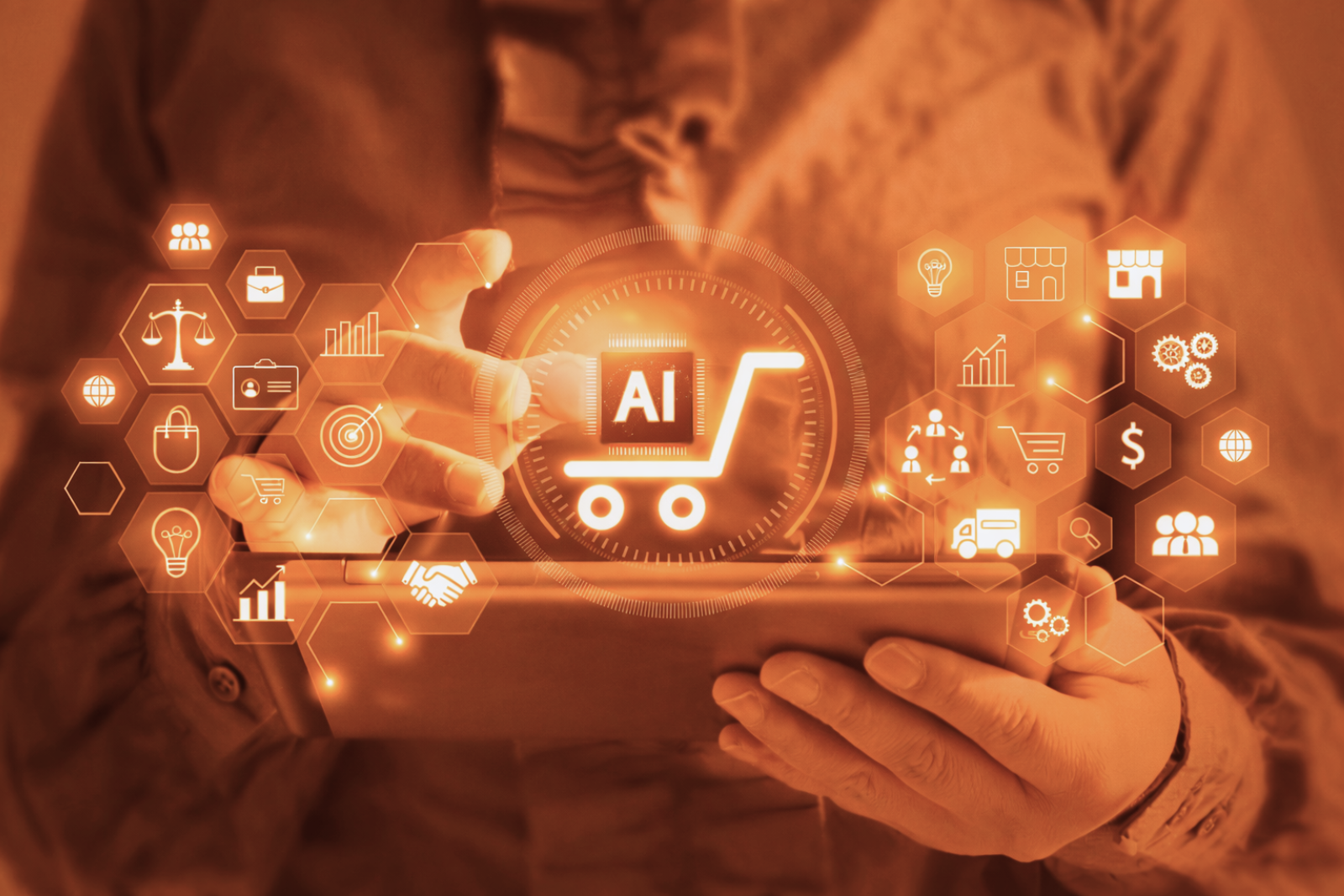 Pessoa segurando um tablet enquanto interage com uma interface digital em tons de laranja