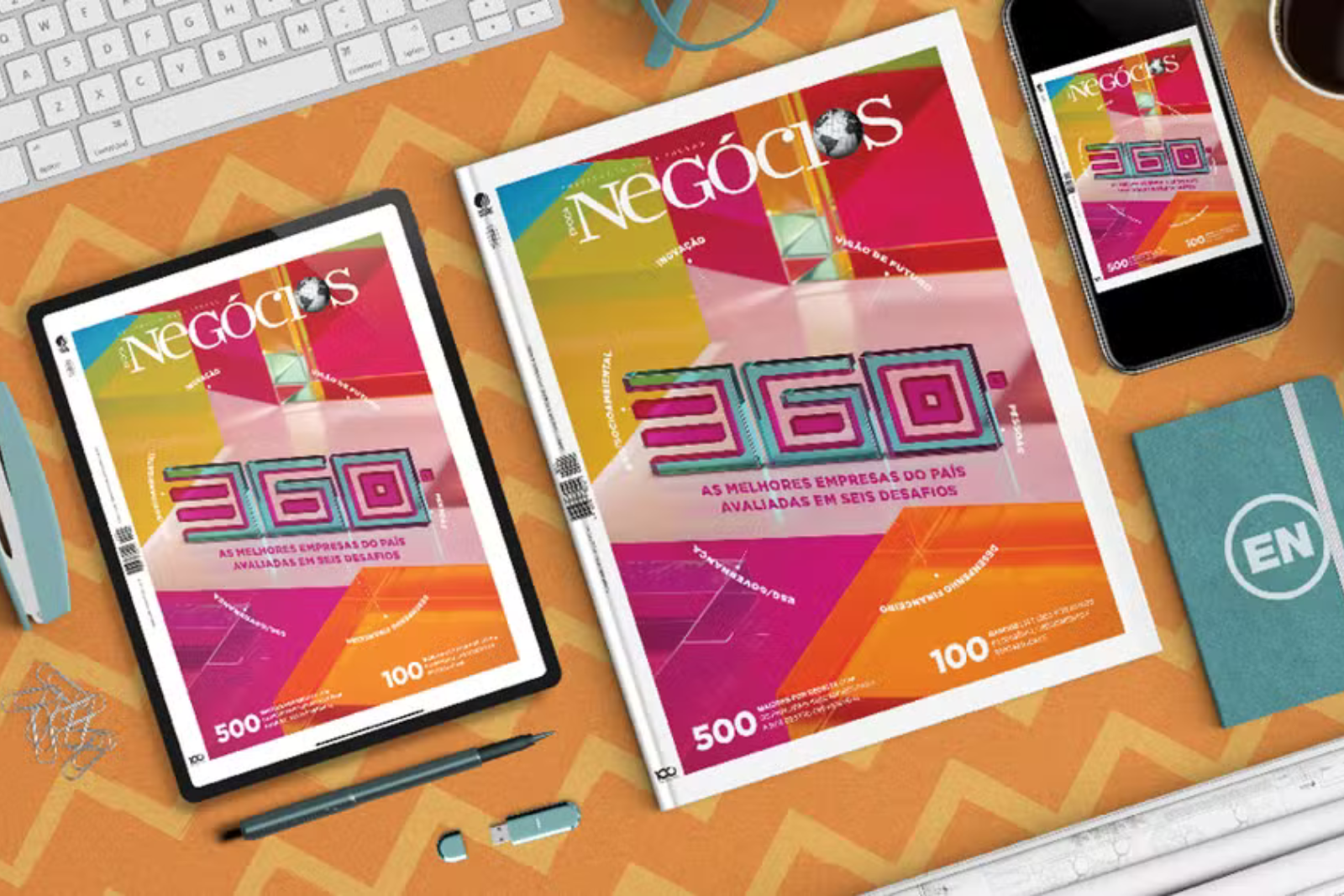 Design de divulgação Época Negócios: fundo colorido com ilustração do anuário