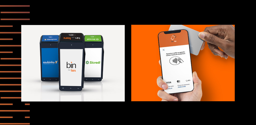 Display com imagens das maquininhas Smart POS e app tap on phone 